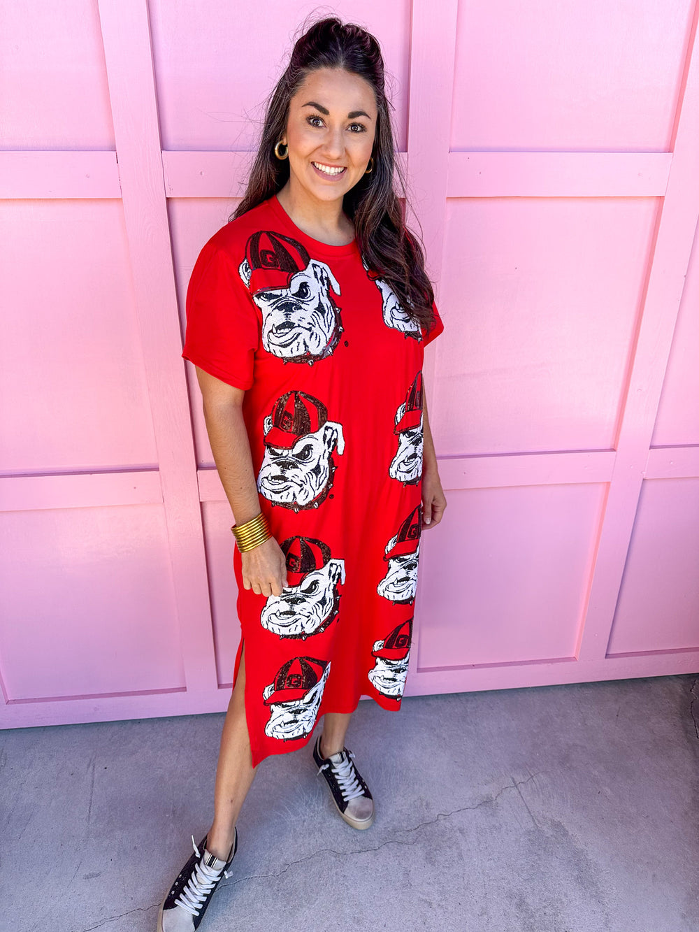 QUEEN OF SPARKLES | Licensed Red Sequin Bulldog Head Midi Tee Dress