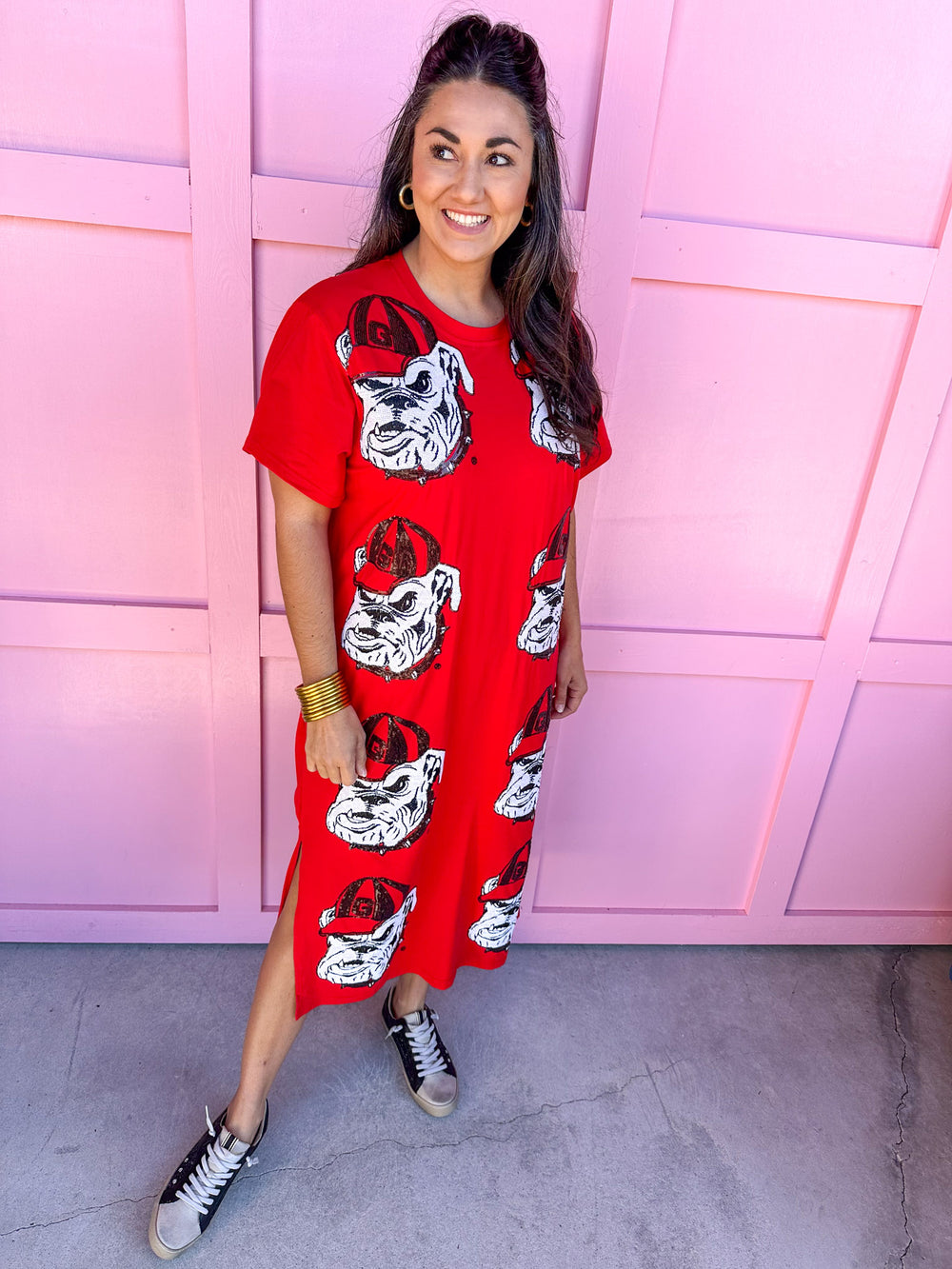 QUEEN OF SPARKLES | Licensed Red Sequin Bulldog Head Midi Tee Dress