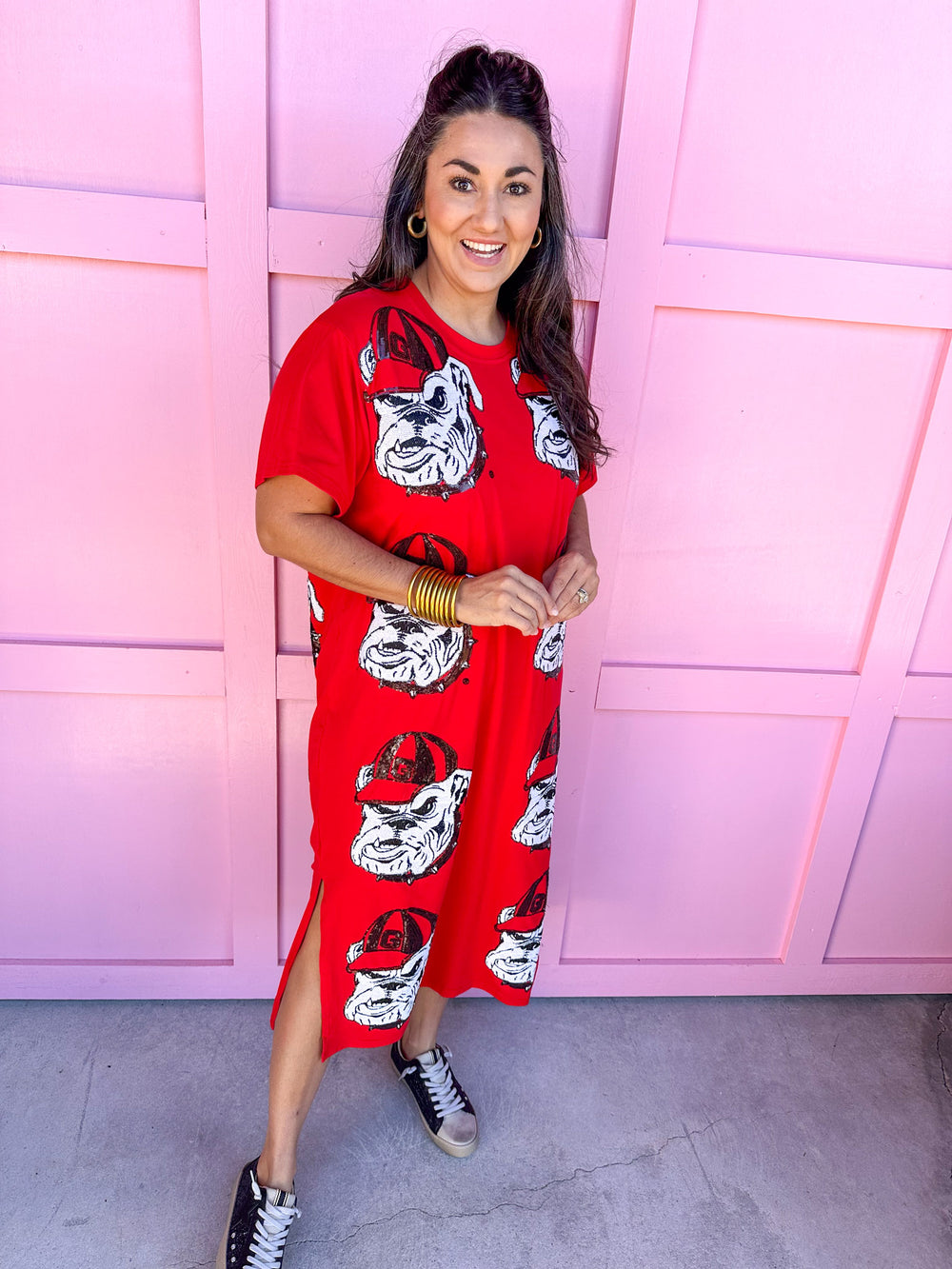 QUEEN OF SPARKLES | Licensed Red Sequin Bulldog Head Midi Tee Dress