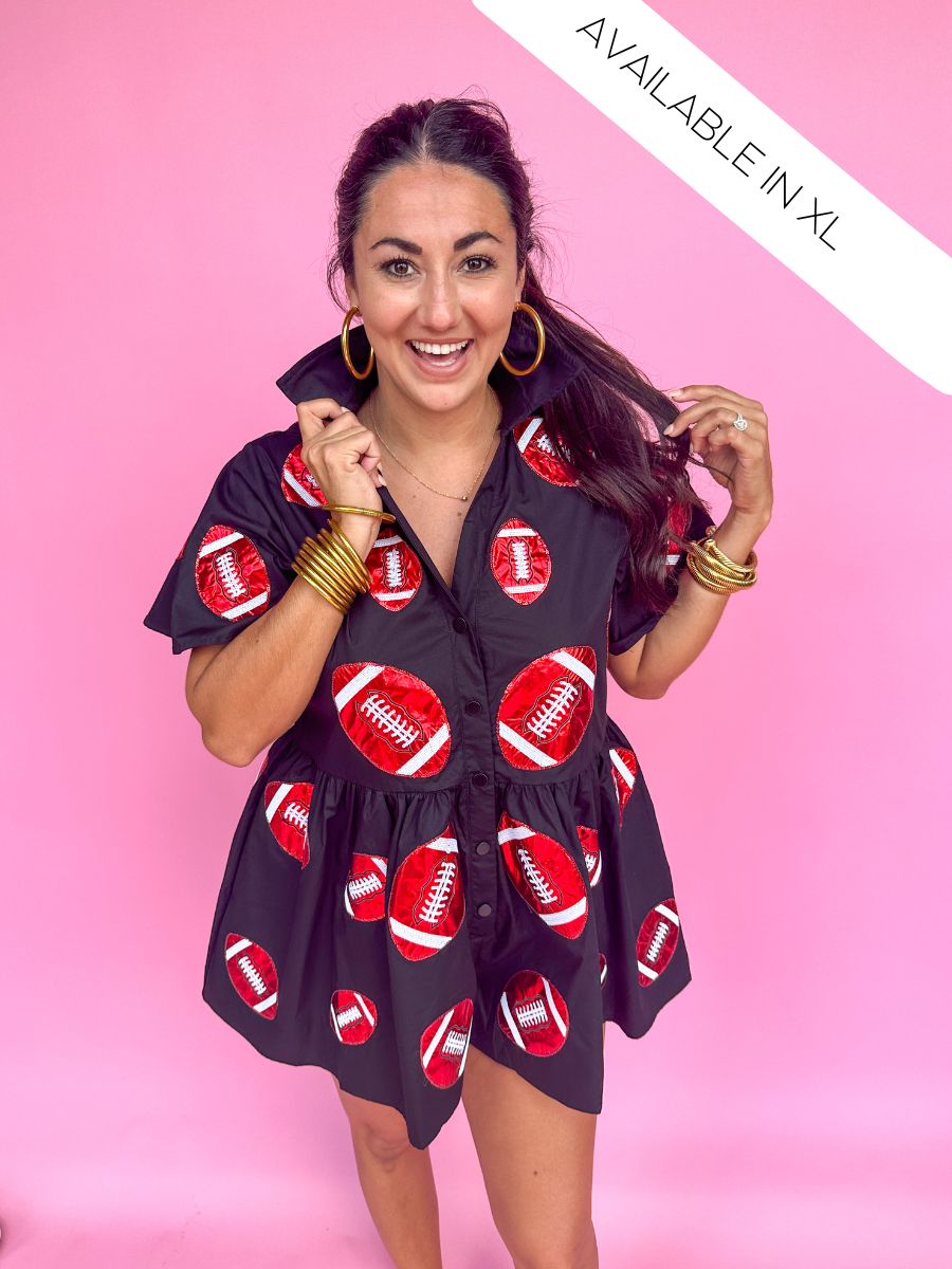 QUEEN OF SPARKLES | Black & Red Football Romper