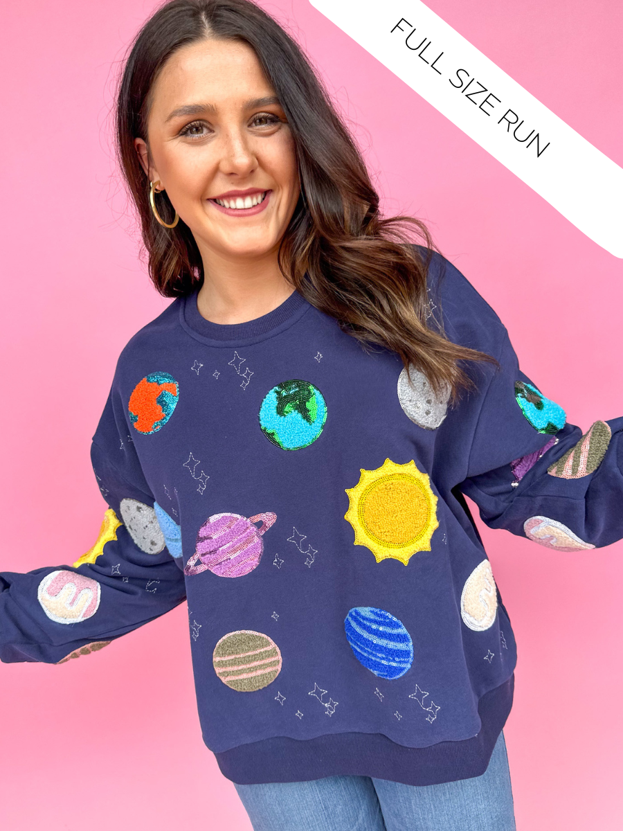 QUEEN OF SPARKLES | Navy Fuzzy Planet Sweatshirt