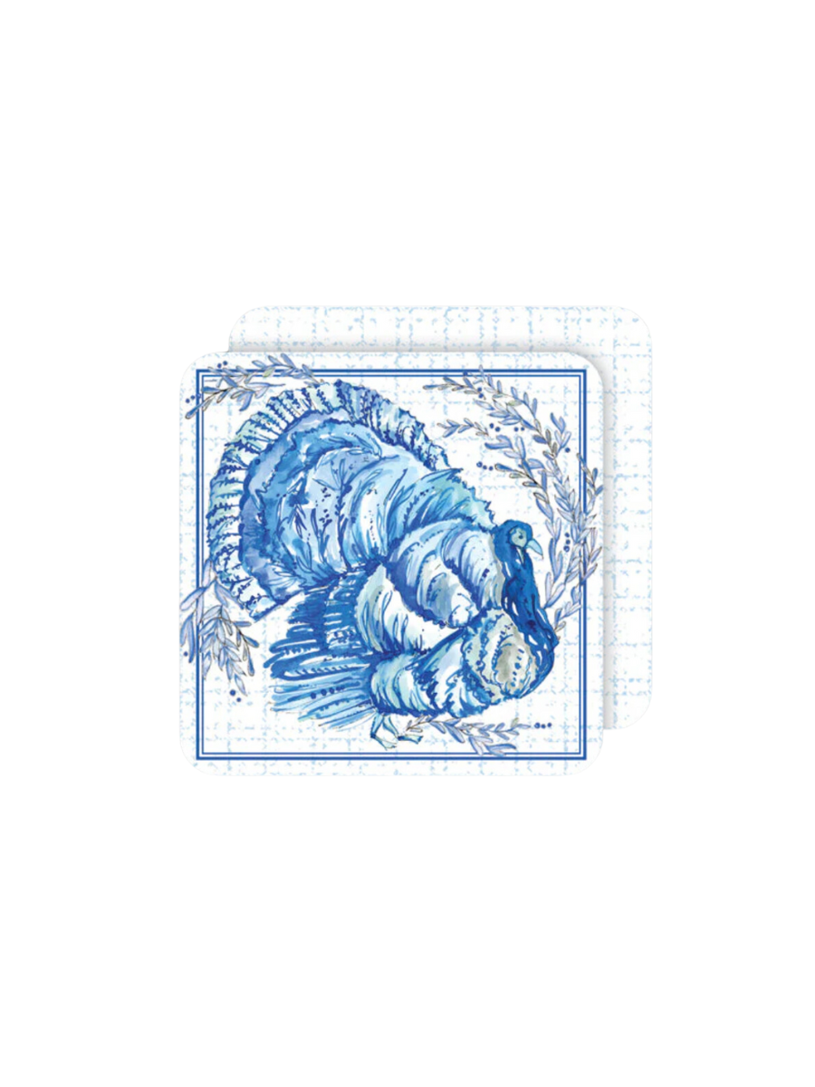 Rosanne Beck | Square Coaster - Handpainted Thanksgiving Blue Chinoiserie Turkey