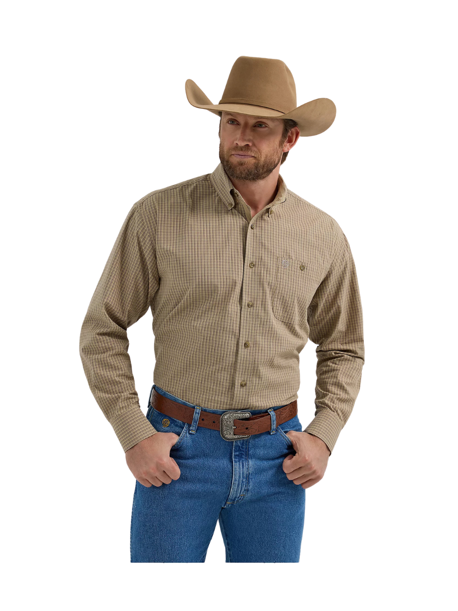 Wrangler George Strait Button Down Fawn Plaid Men's Dress Shirt Brown Button Down Check Long Sleeve Jincy's Tripp