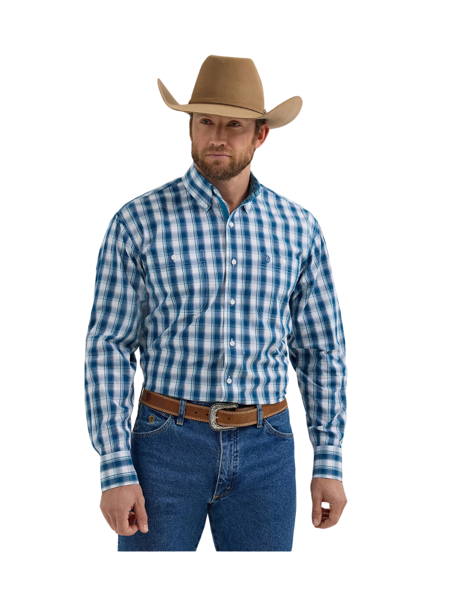 Wrangler Wide Navy Plaid George Strait Two Pocket Button Down Men's Dress Shirt White Blue Button Down Jincy's Tripp