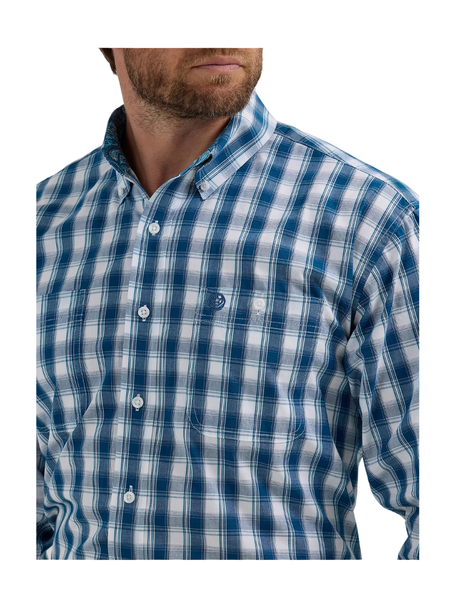 Wrangler Wide Navy Plaid George Strait Two Pocket Button Down Men's Dress Shirt White Blue Button Down Jincy's Tripp