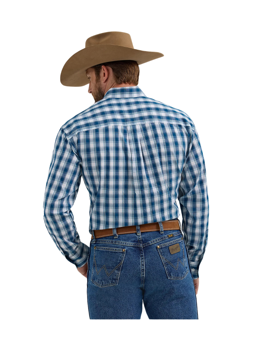 Wrangler Wide Navy Plaid George Strait Two Pocket Button Down Men's Dress Shirt White Blue Button Down Jincy's Tripp