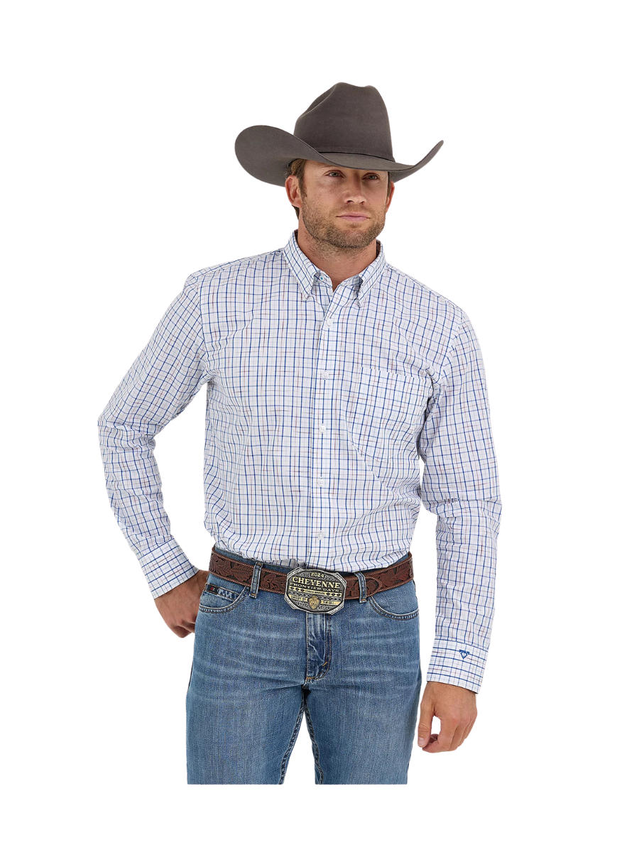 Wrangler | Blue White Windowpane - Men's Cody Johnson One Pocket Button Down