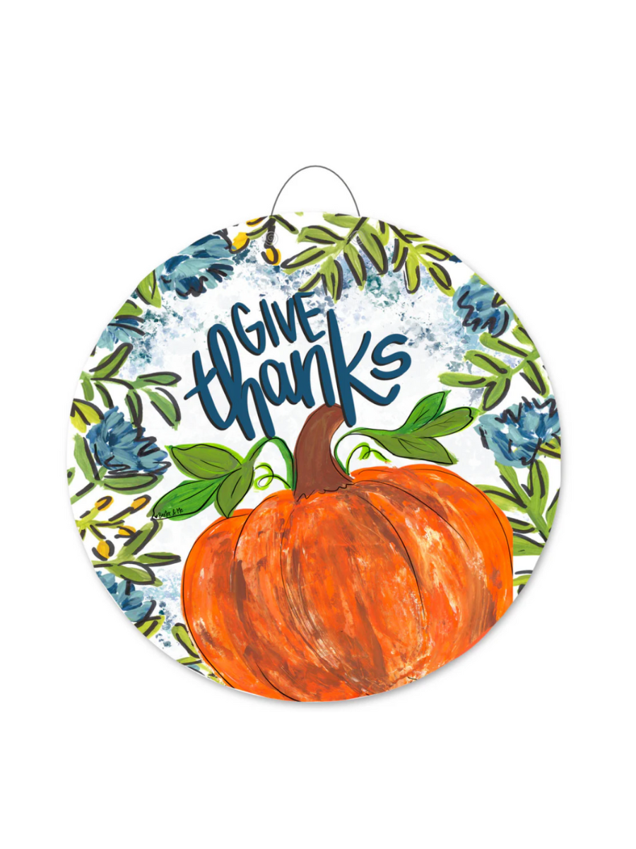 Blue Give Thanks Pumpkin Floral Door Hanger