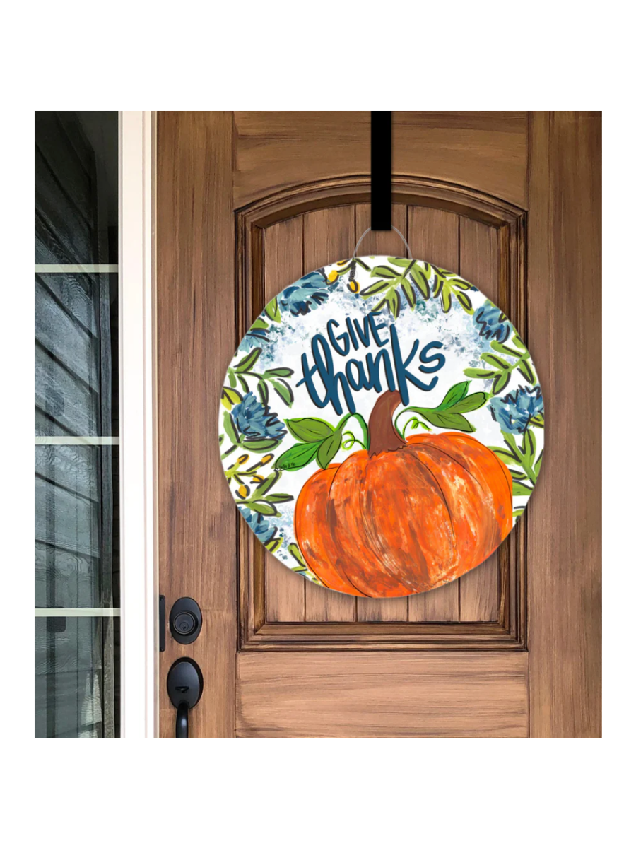 Blue Give Thanks Pumpkin Floral Door Hanger