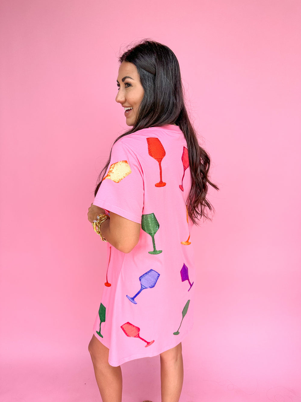 QUEEN OF SPARKLES | Pink Multi Wine Glass Tee Dress