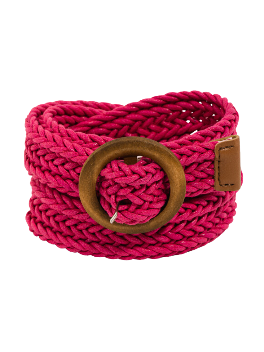 Wooden Circle Buckle Braided Belt - Fuchsia