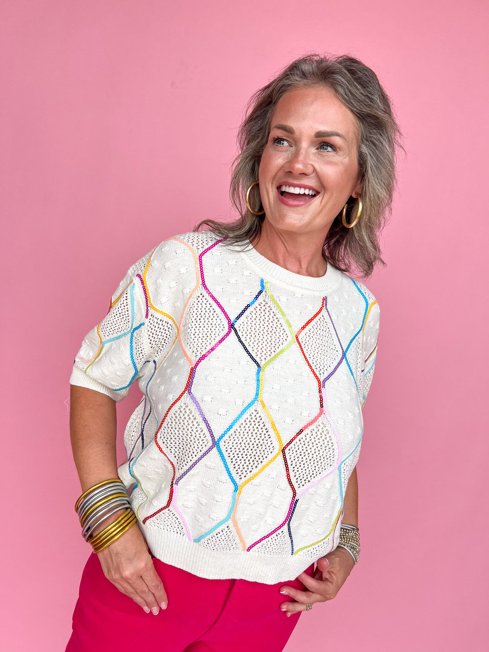 QUEEN OF SPARKLES | Ivory Rainbow Knit Top