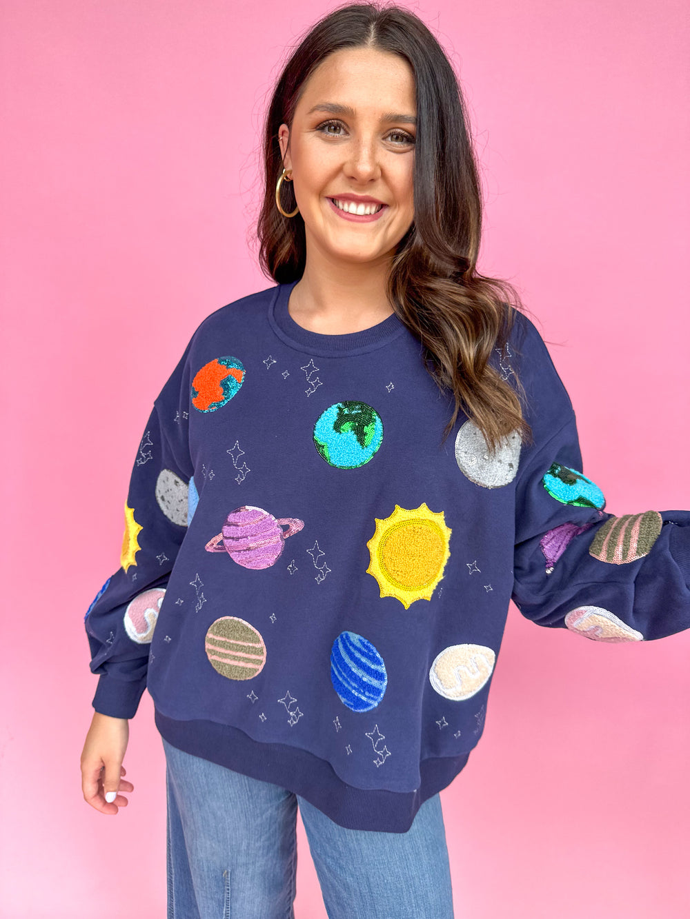 QUEEN OF SPARKLES | Navy Fuzzy Planet Sweatshirt