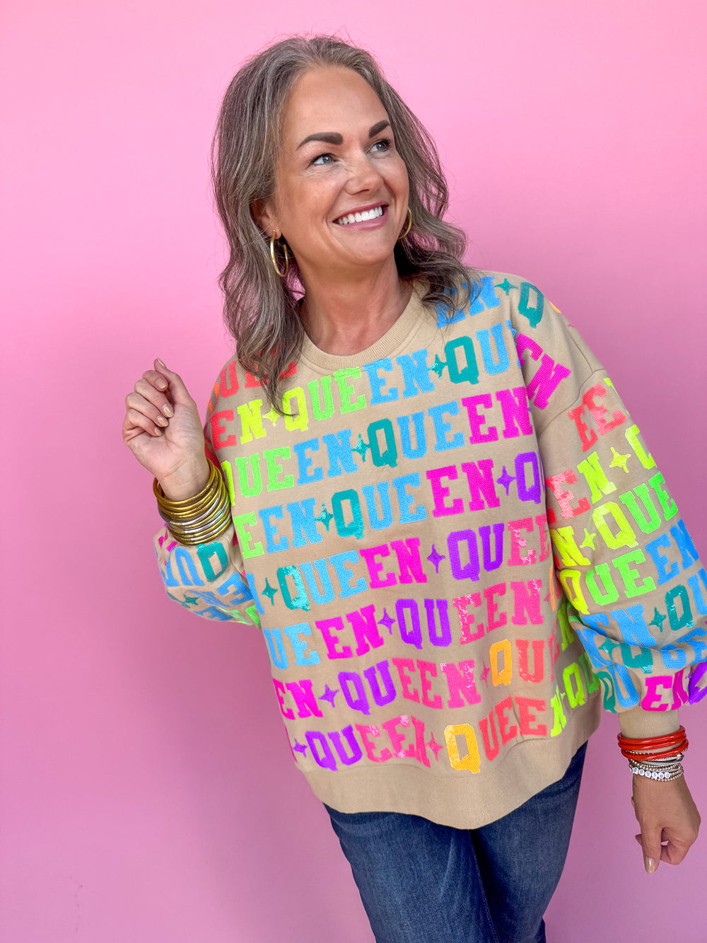 QUEEN OF SPARKLES | Tan & Neon Queen All Over Sweatshirt