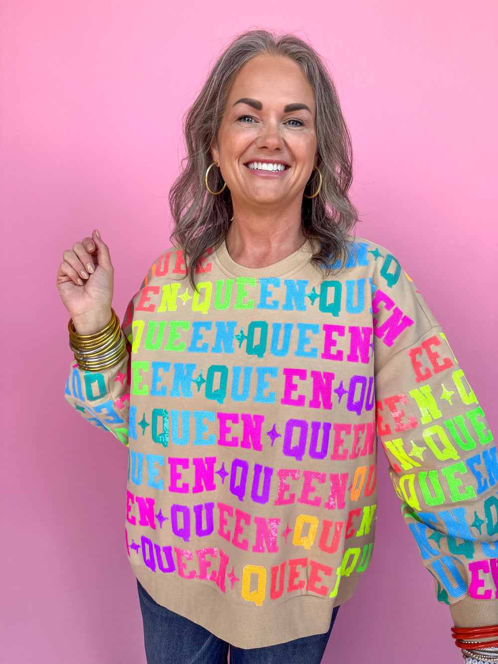 QUEEN OF SPARKLES | Tan & Neon Queen All Over Sweatshirt
