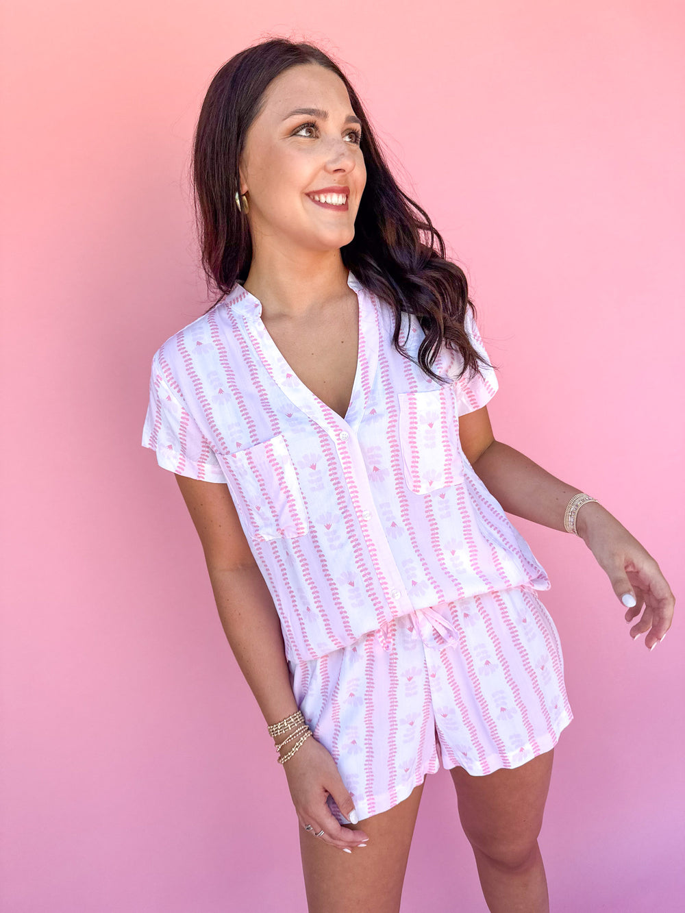 Mary Square |  Serena Pajama Short Set - Stem Stripes Pink