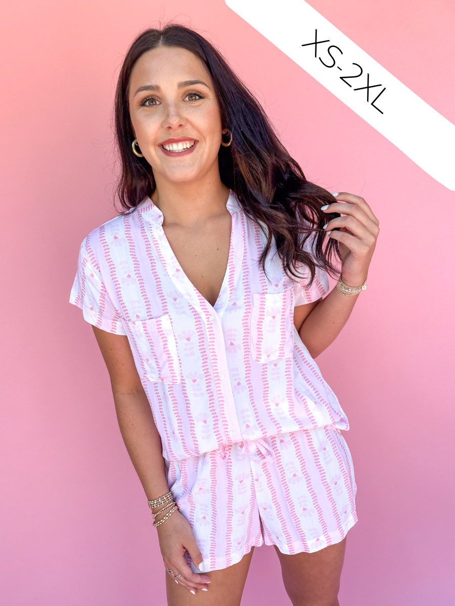 Mary Square |  Serena Pajama Short Set - Stem Stripes Pink