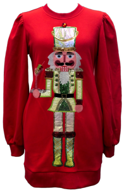 QUEEN OF SPARKLES | Red Martini Nutcracker Poof Sleeve Sweatshirt Dress